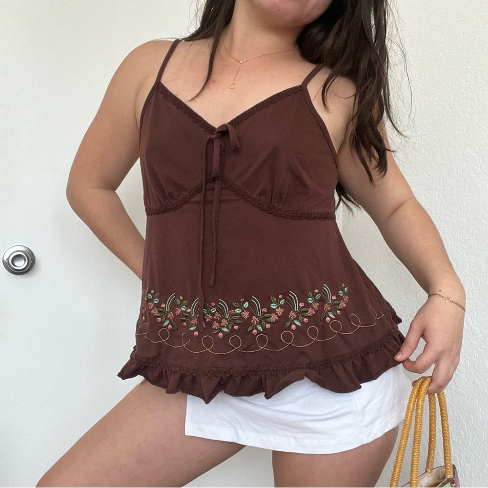 American Vintage Brown Embroidered Strap Tank